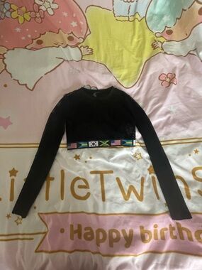 Forever 21 Black Mesh Long Sleeve Crop Top with Flag Trim